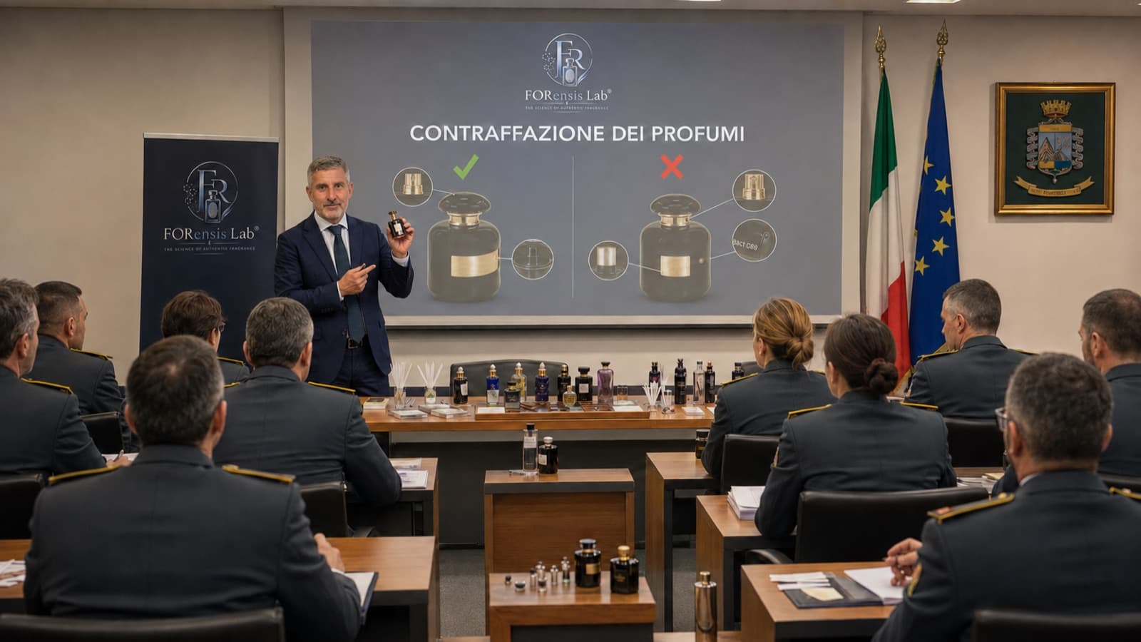 Aula di formazione: relatore davanti a militari in divisa, con proiezione sul riconoscimento dei profumi contraffatti.