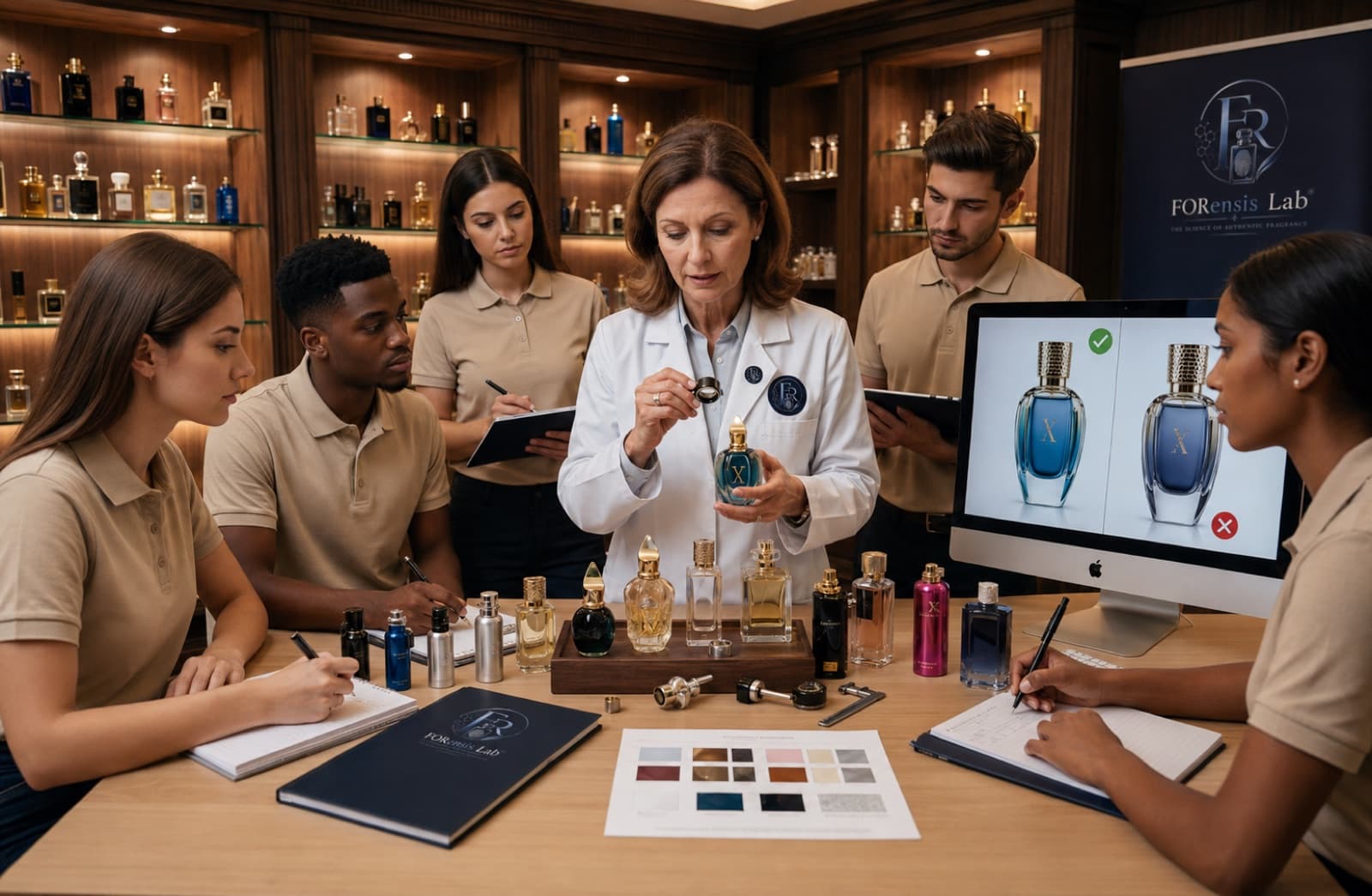 Gruppo di operatori retail in aula davanti a campioni di profumo, con formatrice in camice.