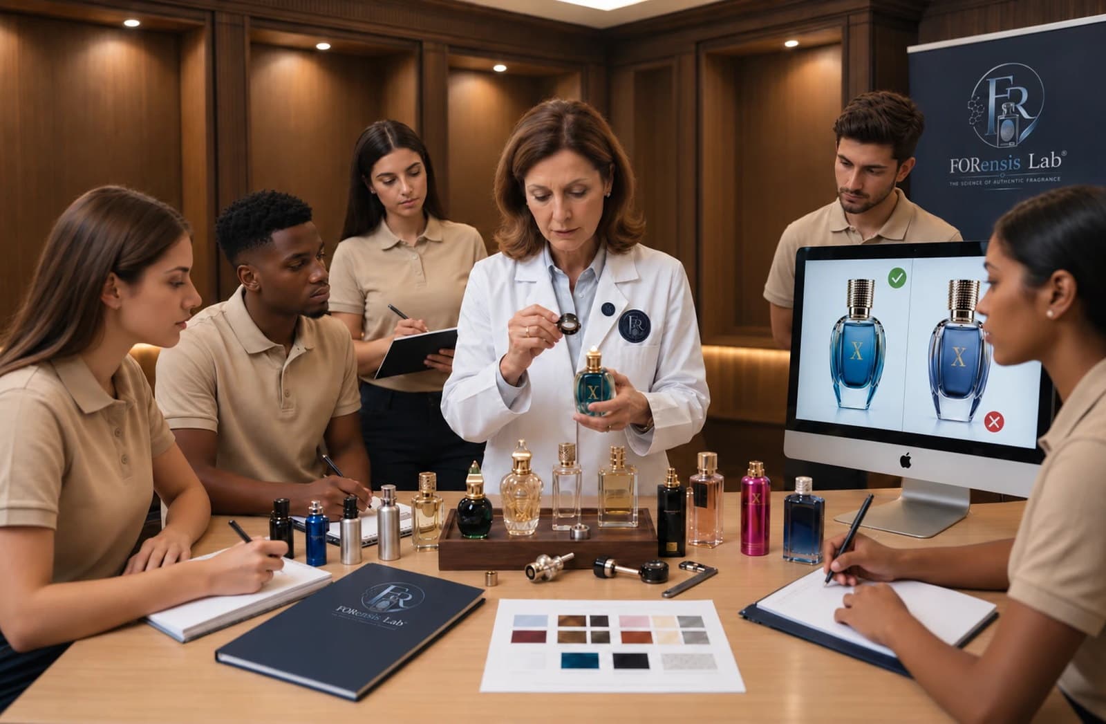 Gruppo di operatori retail in aula davanti a campioni di profumo, con formatrice in camice.