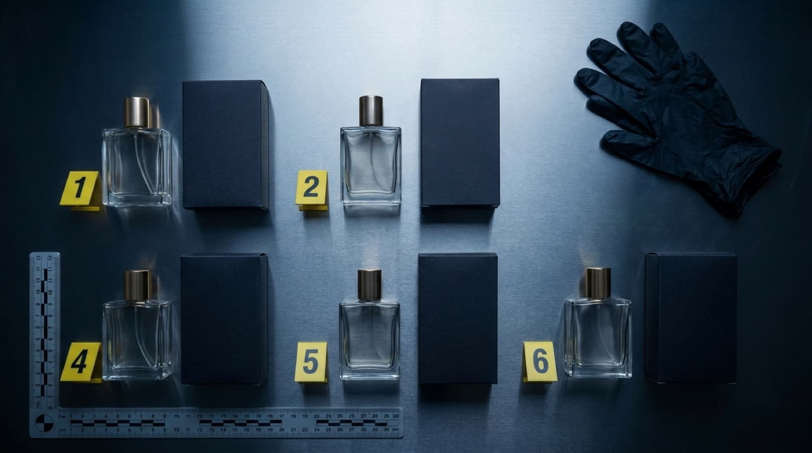 Sei flaconi di profumo e le rispettive scatole disposti su un banco d'acciaio con segnalini numerati e riga metrica.