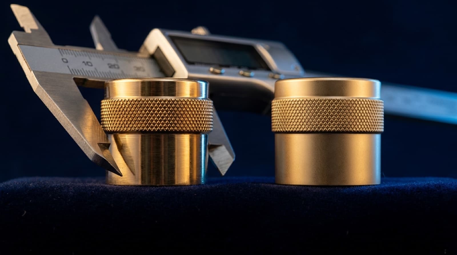 Due tappi in ottone confrontati con un calibro digitale.